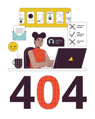 Illustration for African american girl with many tasks error 404 flash message. Remote work on laptop. Empty state ui design. Page not found popup cartoon image. Vector flat illustration concept on white background - Royalty Free Image