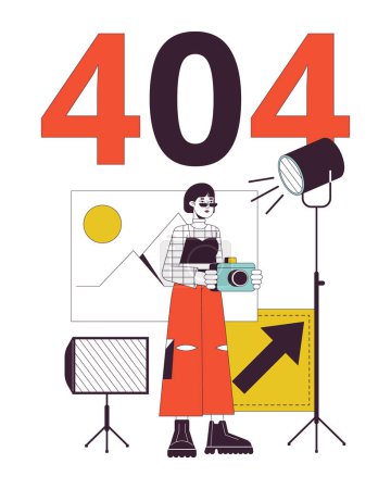 Ilustración de Estudio de fotos error 404 mensaje flash. Mujer asiática fotógrafa independiente de trabajo. Estado vacío ui diseño. Página no encontrada imagen de dibujos animados emergente. Concepto de ilustración plana vectorial sobre fondo blanco - Imagen libre de derechos