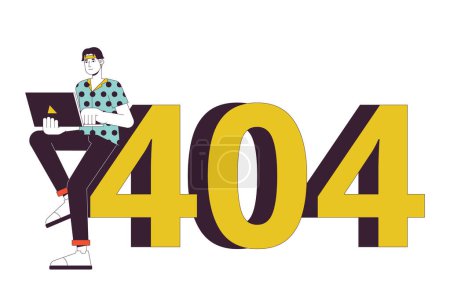 Beschäftigt asiatische Mann arbeitet an Laptop-Fehler 404 Flash-Meldung. Fernbedienung. Leere Staatskonzepte. Seite nicht gefunden Popup-Cartoon-Bild. Vektorflaches Illustrationskonzept auf weißem Hintergrund