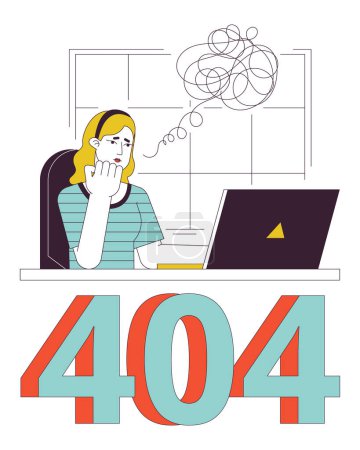 Illustration for Caucasian blonde woman thoughts error 404 flash message. Workplace with laptop. Empty state ui design. Page not found popup cartoon image. Vector flat illustration concept on white background - Royalty Free Image