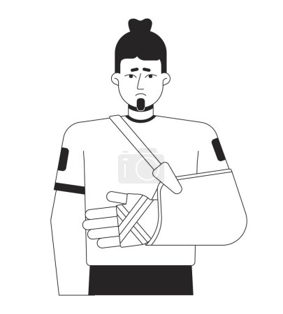 Illustration for Disappointed man with broken arm flat line black white vector character. Editable outline half body male with bandaged wrist on white. Simple cartoon isolated spot illustration for web graphic design - Royalty Free Image