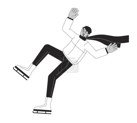 Ilustración de Hombre sorprendido en patines cae línea plana negro blanco vector carácter. Esquema editable hombre cuerpo completo peligro de caer. Deportes de invierno simple ilustración spot de dibujos animados aislados para el diseño gráfico web - Imagen libre de derechos