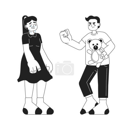Illustration for Young boy bullying little girl in tears monochromatic flat vector characters. Bully kid stealing bear toy. Editable thin line people on white. Simple bw cartoon spot image for web graphic design - Royalty Free Image