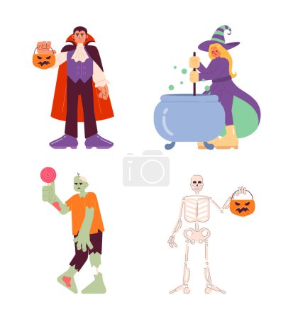 Ilustración de Halloween ideas de vestuario concepto plano conjunto de ilustración spot vector. Monstruos en la fiesta de Halloween personajes de dibujos animados 2D en blanco para el diseño de interfaz de usuario web. Truco tratar aislado editable héroe creativo imagen pack - Imagen libre de derechos