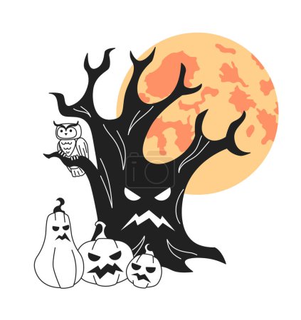 Ilustración de Árbol de Halloween con calabazas de miedo, luna llena concepto monocromo vector spot ilustración. Spooky forest 2D flat bw composición de dibujos animados para el diseño de interfaz de usuario web. Imagen de héroe dibujada a mano editable aislada - Imagen libre de derechos