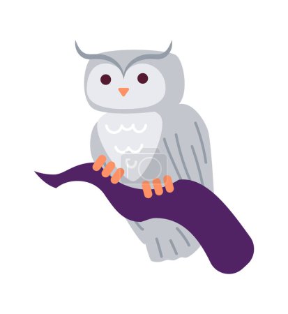 Illustration for Owl sitting on branch semi flat colour vector object. Wildlife in forest. Great horned owl in tree. Editable cartoon clip art icon on white background. Simple spot illustration for web graphic design - Royalty Free Image