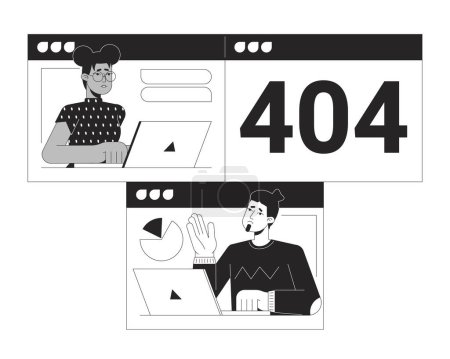 Illustration for Camera failed on online meeting black white error 404 flash message. Poor connectivity. Monochrome empty state ui design. Page not found popup cartoon image. Vector flat outline illustration concept - Royalty Free Image