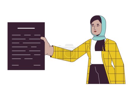 Ilustración de Hijab oficinista dando papeleo línea plana de color de carácter vectorial. Esquema editable persona de medio cuerpo en blanco. Documento del empleado femenino ilustración simple del punto de la historieta para el diseño gráfico web - Imagen libre de derechos