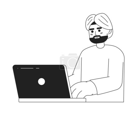 Ilustración de Hombre indio morena con barba oscura en carácter vector plano turbanmonocromático. Editable línea delgada medio cuerpo oficinista en blanco. Simple imagen spot de dibujos animados bw para el diseño gráfico web - Imagen libre de derechos