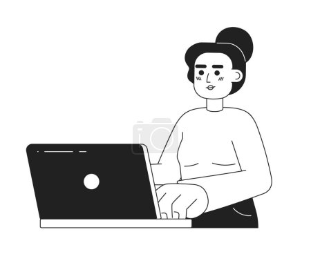 Illustration for Pretty caucasian young woman with laptop monochromatic flat vector character. Editable thin line half body woman typing on keyboard on white. Simple bw cartoon spot image for web graphic design - Royalty Free Image