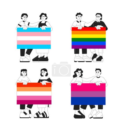 Illustration for Happy people with lgbt flagsmonochromatic flat vector characters pack. Lgbt friendly community 2D flat bw cartoon characters for web UI design. Isolated editable creative hero images - Royalty Free Image