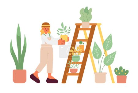 Illustration for Blonde woman takes care of plants 2D vector isolated spot illustration. Hobby flat girl put flower pot on ladder on white background. Colorful editable scene - Royalty Free Image
