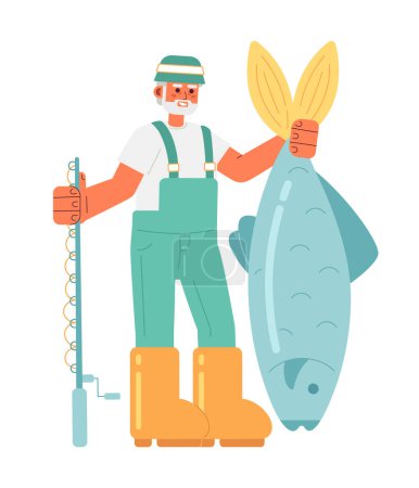 Illustration for Old fisherman holding big fish and fishing rod flat concept vector spot illustration. Cheerful senior man hobby 2D cartoon character on white for web UI design. Isolated editable creative hero image - Royalty Free Image