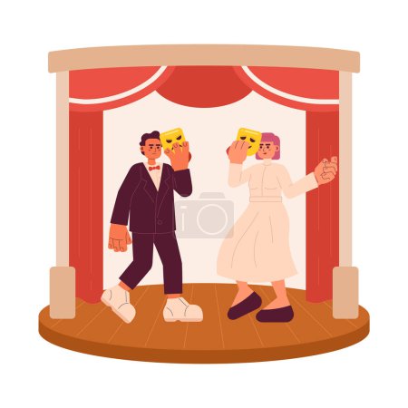 Illustration for Theatre performance 2D vector isolated spot illustration. Creative hobby. Talented flat man and woman holding masks and acting on stage on white background. Colorful editable scene - Royalty Free Image