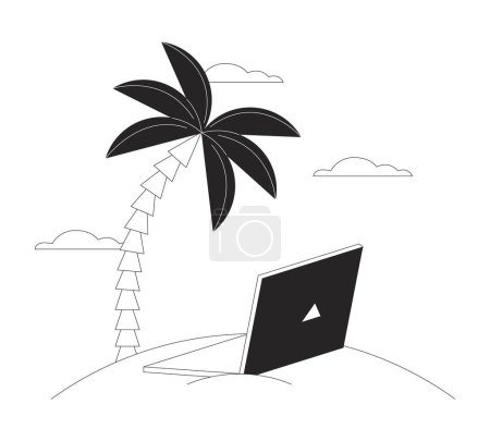 Illustration for Laptop on beach flat monochrome isolated vector object. Remote work device. Editable black and white line art drawing. Simple outline spot illustration for web graphic design - Royalty Free Image