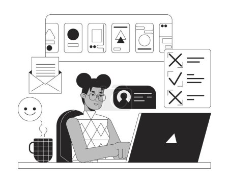Illustration for Multitask freelancer bw concept vector spot illustration. Remote work. Busy woman working on laptop 2D cartoon flat line monochromatic character for web UI design. Editable isolated outline hero image - Royalty Free Image