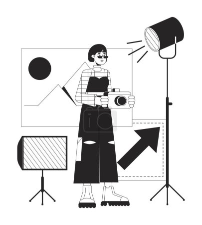 Illustration for Freelance photographer in studio bw concept vector spot illustration. Asian woman with camera 2D cartoon flat line monochromatic character for web UI design. Editable isolated outline hero image - Royalty Free Image