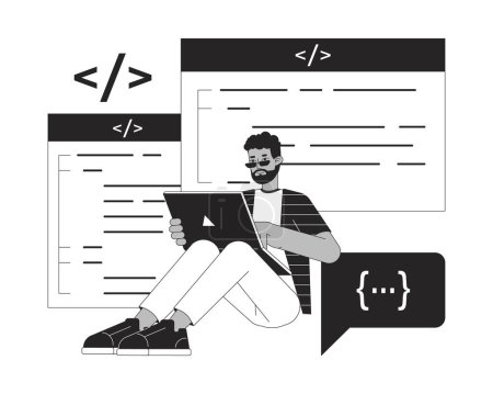 Illustration for Programmer sitting with laptop bw concept vector spot illustration. Freelancer 2D cartoon flat line monochromatic character for web UI design. Editable isolated outline hero image - Royalty Free Image