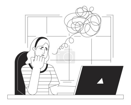 Ilustración de Mujer ansiosa que trabaja en la oficina bw concepto vector punto ilustración. Freelancer personaje monocromático de línea plana de dibujos animados 2D para diseño de interfaz de usuario web. Imagen de héroe de contorno aislado editable - Imagen libre de derechos