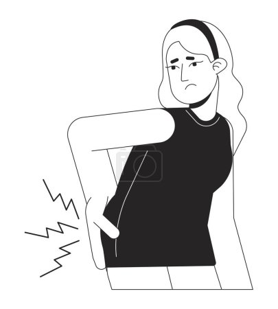 Illustration for Woman with backache flat line black white vector character. Editable outline half body blonde lady on white. Simple cartoon isolated spot illustration for web graphic design - Royalty Free Image