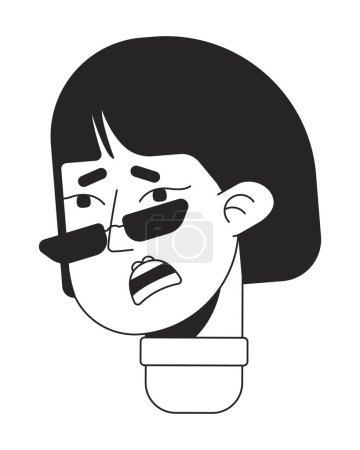 Téléchargez les illustrations : Femme asiatique effrayée en lunettes de soleil monochrome plat tête de caractère linéaire. Contour modifiable dessiné à la main icône du visage humain. Illustration vectorielle de spot de dessin animé 2D pour l'animation - en licence libre de droit