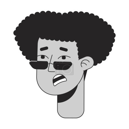 Ilustración de Joven asustado con rizos afro monocromo cabeza de carácter lineal plana. Esquema editable dibujado a mano icono de la cara humana. Dibujos animados 2D vector spot avatar ilustración para la animación - Imagen libre de derechos