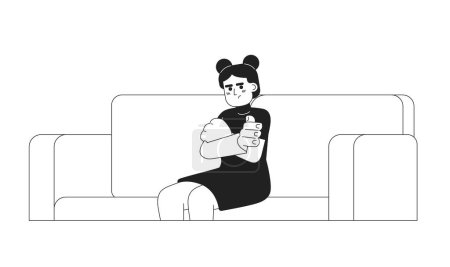 Illustration for Frustrated preteen girl with crossed arms monochromatic flat vector character. Asian female teenager sitting. Editable thin line person on white. Simple bw cartoon spot image for web graphic design - Royalty Free Image