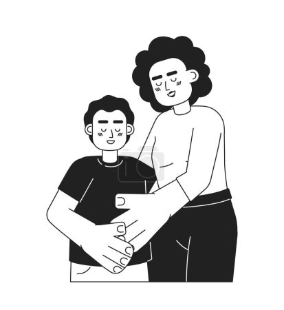 Illustration for Mother hugging preteen son monochromatic flat vector characters. Gentle parenting. Affectionate mom. Editable thin line half body people on white. Simple bw cartoon spot image for web graphic design - Royalty Free Image