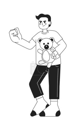 Illustration for Angry preteen boy with stuffed bear threatening monochromatic flat vector character. Boy stealing toy. Editable thin line full body person on white. Simple bw cartoon spot image for web graphic design - Royalty Free Image