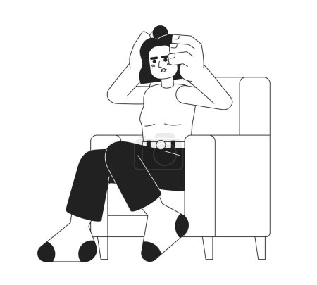 Ilustración de Mujer agotada en sillón monocromático personaje vector plano. Chica hispana sosteniendo la cabeza en estrés. Editable persona de cuerpo completo de línea delgada en blanco. Simple imagen spot de dibujos animados bw para el diseño gráfico web - Imagen libre de derechos