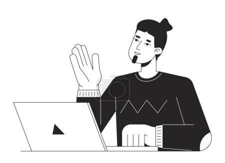 Illustration for Caucasian man talking with laptop flat line black white vector character. Editable outline half body person. Virtual meeting simple cartoon isolated spot illustration for web graphic design - Royalty Free Image