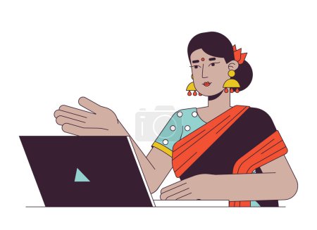 Téléchargez les illustrations : Femme indienne professionnelle avec ordinateur portable ligne plate caractère vecteur de couleur. Plan modifiable demi-corps personne sur blanc. Dame hindoue sur la réunion web illustration simple de tache de dessin animé pour la conception graphique web - en licence libre de droit