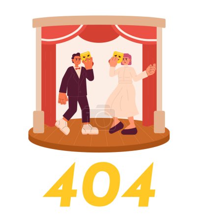 Illustration for Actors on stage error 404 flash message. Dancing, acting with comedy and tragedy mask. Empty state ui design. Page not found popup cartoon image. Vector flat illustration concept on white background - Royalty Free Image