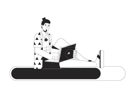 Illustration for Freelancer with laptop on black white error 404 flash message. Remote work on vacation. Monochrome empty state ui design. Page not found popup cartoon image. Vector flat outline illustration concept - Royalty Free Image