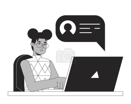 Ilustración de Africano americano freelance chica bw concepto vector spot ilustración. Comunicación en línea en el ordenador portátil de dibujos animados 2D línea plana carácter monocromático para el diseño de interfaz de usuario web. Imagen de héroe de contorno aislado editable - Imagen libre de derechos