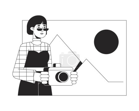 Ilustración de Mujer asiática fotógrafo bw concepto vector spot ilustración. Freelancer en estudio de fotografía personaje monocromático de línea plana de dibujos animados 2D para diseño de interfaz de usuario web. Imagen de héroe de contorno aislado editable - Imagen libre de derechos