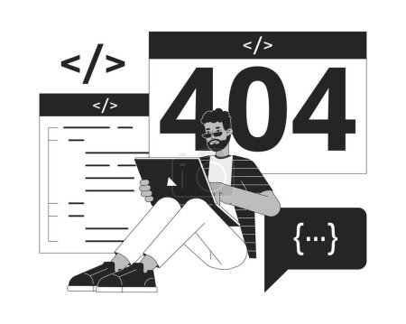 Illustration for Developer website create black white error 404 flash message. African american programmer working. Monochrome empty state ui design. Page not found cartoon image. Vector flat illustration concept - Royalty Free Image