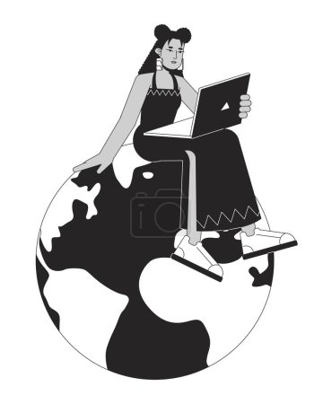 Illustration for Hispanic woman sitting on planet bw concept vector spot illustration. Remote work. Freelancer 2D cartoon flat line monochromatic character for web UI design. Editable isolated outline hero image - Royalty Free Image