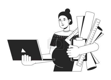 Illustration for Woman with laptop, rulers, drawings bw concept vector spot illustration. Pregnant architect 2D cartoon flat line monochromatic character for web UI design. Editable isolated outline hero image - Royalty Free Image