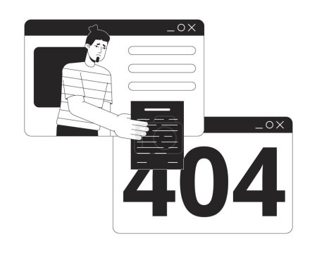 Illustration for Man hands over blank to browse window black white error 404 flash message. Remote work. Monochrome empty state ui design. Page not found popup cartoon image. Vector flat outline illustration concept - Royalty Free Image
