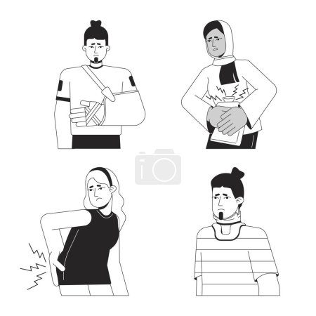 Illustration for People with traumas flat line black white vector characters pack. Editable outline half body people with injuries on white. Simple cartoon isolated spot illustrations collection for web graphic design - Royalty Free Image