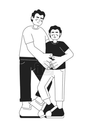 Illustration for Latino father hugging young preteen son monochromatic flat vector characters. Positive parent with child. Editable thin line people on white. Simple bw cartoon spot image for web graphic design - Royalty Free Image