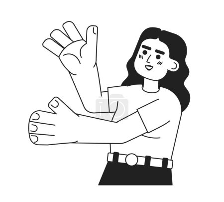 Illustration for Excited latina woman presenting with hands palm up monochromatic flat vector character. Girl with raised arms. Editable thin line person on white. Simple bw cartoon spot image for web graphic design - Royalty Free Image