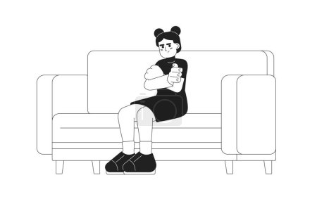 Illustration for Displeased young girl with folded hands monochromatic flat vector character. Moody teenager sitting on couch. Editable thin line person on white. Simple bw cartoon spot image for web graphic design - Royalty Free Image