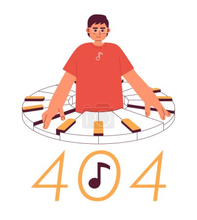 Illustration for Man playing on piano error 404 flash message. Young man hobby. Empty state ui design. Page not found popup cartoon image. Vector flat illustration concept on white background - Royalty Free Image