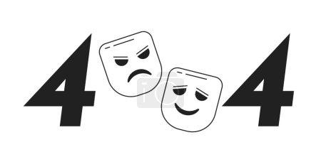 Illustration for Comedy and tragedy theater mask black white error 404 flash message. Monochrome empty state ui design. Page not found popup cartoon image. Vector flat outline illustration concept - Royalty Free Image