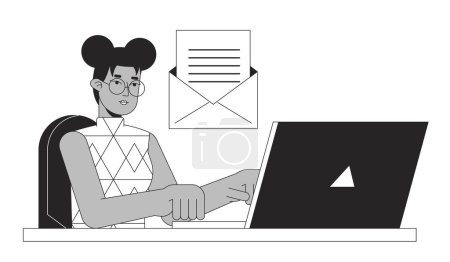Illustration for Young woman responding to email bw concept vector spot illustration. Remote work. Busy girl 2D cartoon flat line monochromatic character for web UI design. Editable isolated outline hero image - Royalty Free Image