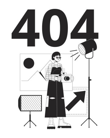 Illustration for Photo studio black white error 404 flash message. Asian woman photographer freelance work. Monochrome empty state ui design. Page not found popup image. Vector flat outline illustration concept - Royalty Free Image