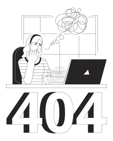 Blonde woman thoughts black white error 404 flash message. Workplace with laptop. Monochrome empty state ui design. Page not found popup cartoon image. Vector flat outline illustration concept