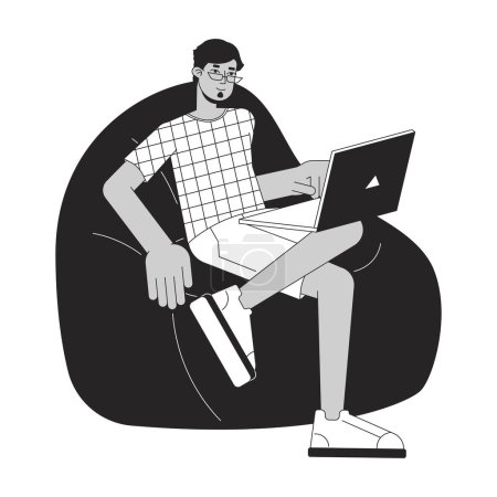 Illustration for Relaxed man sitting on beanbag bw concept vector spot illustration. Freelancer with laptop 2D cartoon flat line monochromatic character for web UI design. Editable isolated outline hero image - Royalty Free Image